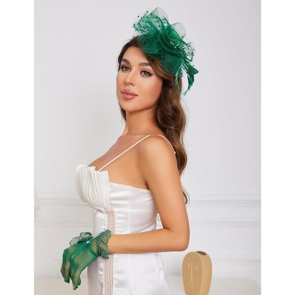 Women Lace Mesh Fascinator Hat and Gloves Set Wedding Party Accessories main image 4